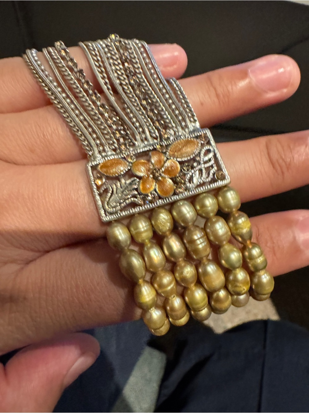 Vintage Baroque Pearl & Enamel Fringe stretch Statement Bracelet - Gold